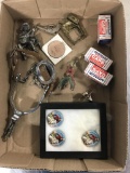 BOX OF MISCELLANEOUS ITEMS: (3) LONE RANGER PIN-BACK BUTTONS, (3) BOXES CAP