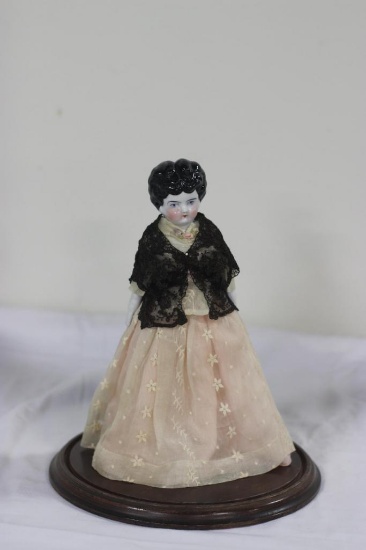 CHINA DOLL WITH GLASS DOME, 13" TALL