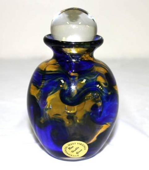 RON HINKLE ART GLASS PERFUME BOTTLE W/DAUBER, 2013, #42/150, 4.5"