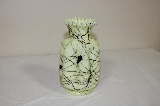 FENTON HANGING HEARTS PATTERN PINCH VASE WITH FLUTED TOP, 8"