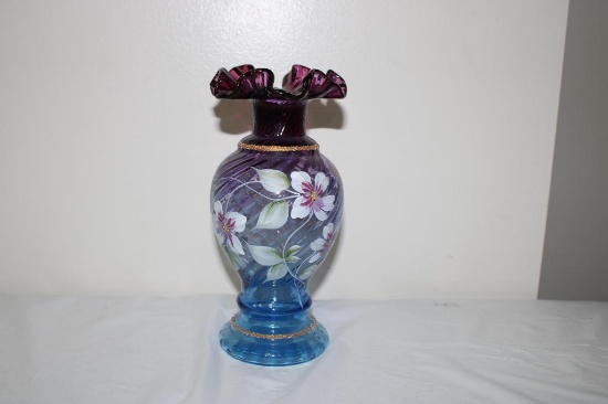 FENTON ART GLASS VASE, HANDPAINTED BY JOHANNA REYNOLDS, 8.5"
