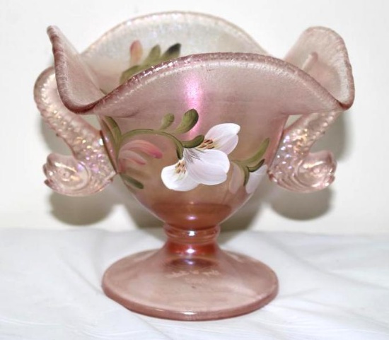 FENTON FISH HANDLED BOWL, SIGNED "GEORGE FENTON", HANDPAINTED SUE JACKSON, #3
