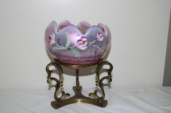 FENTON LARGE ROSE BOWL W/BRASS STAND, HANDPAINTED BY TY MENDENHALL, 4.25"H