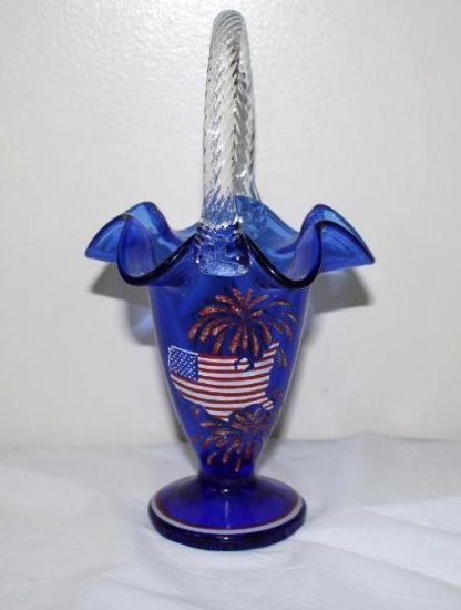 FENTON BLUE PATRIOTIC BASKET W/CLEAR HANDLE, DESIGNED & PAINTED BY SUSAN BR