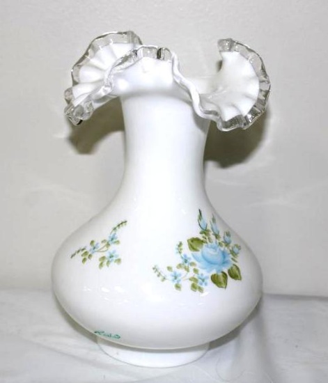 FENTON FLORAL PATTERN SILVER CREST VASE, RWB, HANDPAINTED BY M. REYNOLDS, 7.