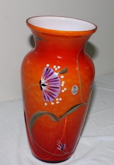 FENTON 2009 CONNOISSEUR, 11" PERSIMMON PASSION VASE, DESIGNED BY STACY WILL