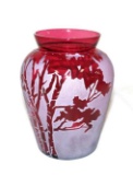 FENTON CRANBERRY ETCHED VASE, KELSEY/PILGRIM, 8