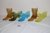 (2) FENTON AMBER BOOTS, (1) BLUE SHOE, (1) GREEN SHOE, (1) VASELINE SHOE (C