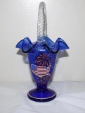 FENTON BLUE PATRIOTIC BASKET W/CLEAR HANDLE, DESIGNED & PAINTED BY SUSAN BR