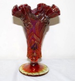 FENTON CARNIVAL GLASS VASE W/EMBOSSED FLOWERS AND FLUTED TOP, 7.5