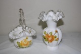 (2) PIECES FENTON: SMALL HANDPAINTED SILVER CREST BASKET (6.25