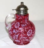 FENTON CRANBERRY OVERLAY DAISY AND FERN PATTERN SYRUP PITCHER WITH SILVER P