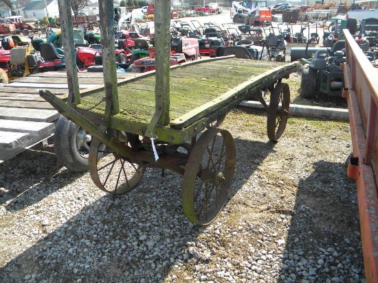 35-12: RAILROAD WAGON WITH STEEL WHEELS, 10' X 3', OLD