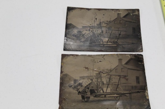 (2) EARLY FULL-PLATE TIN TYPES OF COMBINE HARVESTER, 6.5" X 8.5", SOME WEAR