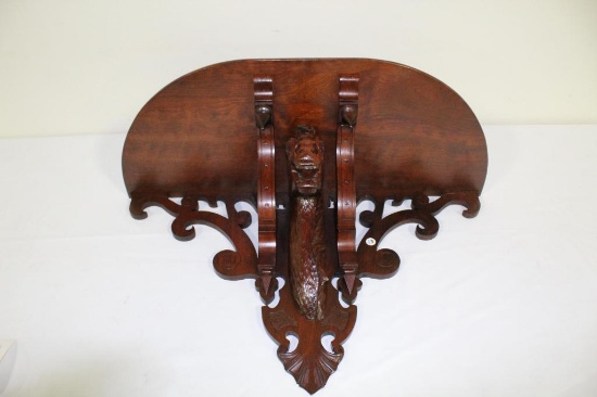 LARGE FIGURAL WALNUT CLOCK SHELF W/HORSEHEAD CARVING, 27W X 19W