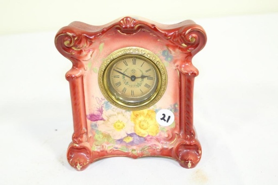 ANSONIA SMALL PORCELAIN CASED CLOCK W/FLORAL DECORATIONS, 6.5H X 5W