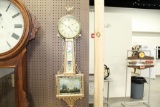 EARLY UNSWORTH BANJO CLOCK WITH REVERSE PAINTED TABLETS DEPICTING SHIP, AND