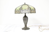 TABLE LAMP & FANCY FILIGREE WORK SHADE W/8 SLAG GLASS CARMEL & GREEN PANELS
