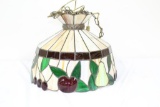 LARGE HANGING LAMP, SLAG GLASS WITH FRUIT PATTERN BORDER, 16 DIAMETER