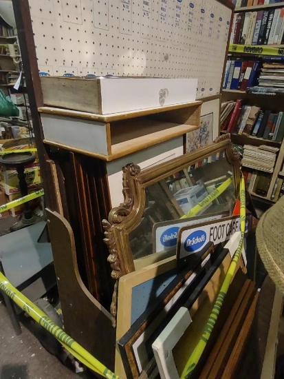 STORE PEG BOARD DISPLAY, NUMEROUS FRAMED ITEMS, MIRROR, ADVERTISING