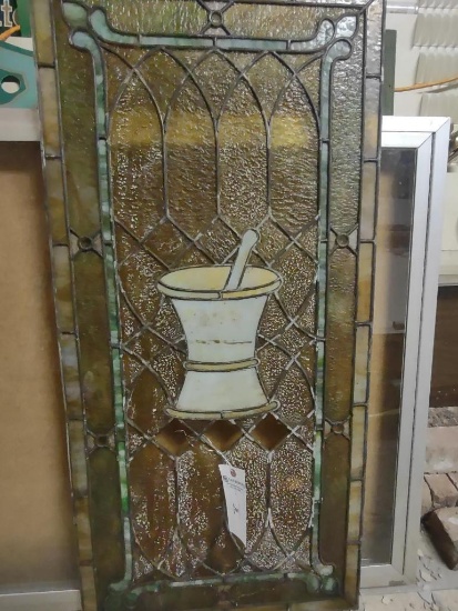 LEADED GLASS APOTHECARY MORTAR & PESTAL MOTIF STAINED GLASS , 21" X 44"