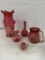 (5) PCS CRANBERRY GLASS INCLUDING PITCHER, MUG, TOOTH PICK, VASE, CRUET