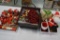 FLAT OF MISC. CHRISTMAS SANTAS, BEADED GARLAND, MISC.