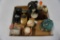 FLAT OF HORSEHIDE COVER BASEBALLS STAMPED, SPALDING BASEBALL IN BOX, JAR OF