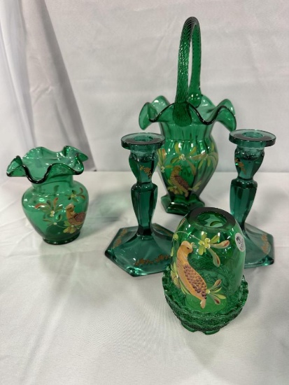 (5) PCS. HAND-PAINTED FENTON GREEN GLASS INCLUDING CANDLE STICKS & VOTIVE (
