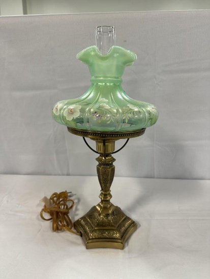 FENTON LAMP WITH HAND-PAINTED & ARTIST SIGNED SHADE, 17.5" TALL
