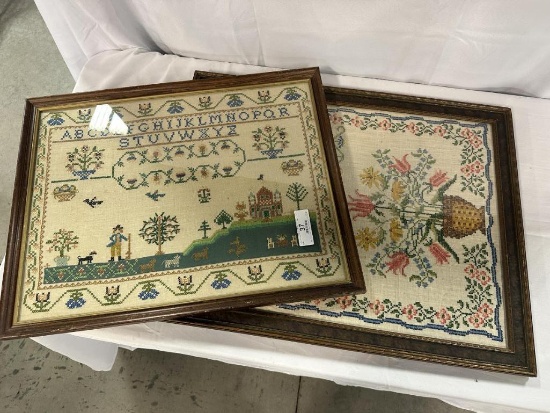 (2) VINTAGE CROSS STICK SAMPLERS, FRAMED