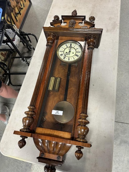 GUSTAV BECKER CARVED VIENNA WALL CLOCK, (2) WEIGHTS AND BROKEN CABLE