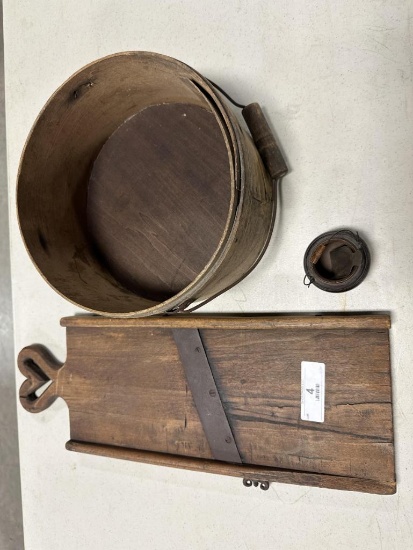 SLAW CUTTER, WOOD BUCKET, SMALL PEACEWARE WITH SCOOP (MISSING LID)