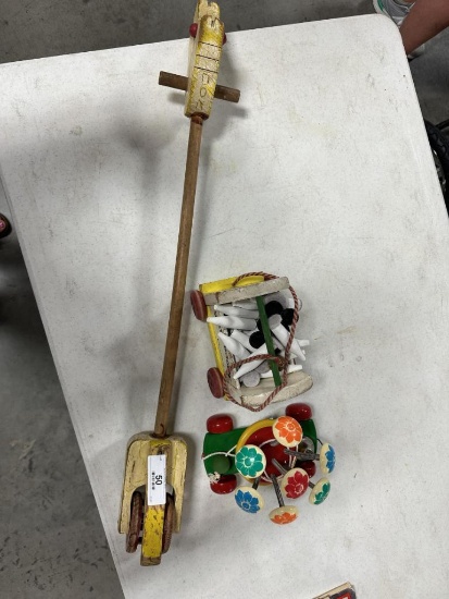VINTAGE WOOD TOY STICK HORSE, 31", DAIRY WAGON PULL TOY, FLOWER ON SPRINGS