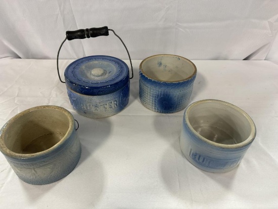(4) BLUE DECORATED BUTTER CROCKS, ONE WITH LID AND HANDLE