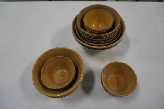 (11) VARIOUS SIZE STONEWARE MIXING BOWLS, SOME WEAR