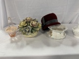FLORAL DECORATED SPITTOON, MILK GLASS HEN ON NEST, FELT HAT, FENTON-TYPE BA