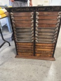 CORTICELLI 28-DRAWER SPOOL CABINET, UNUSUAL EMBOSSED SIDE PANELS, (TOP (4)