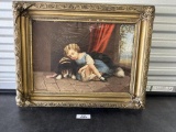 FRAMED VICTORIAN OIL ON CANVAS OF GIRL AND DOG, SMALL HOLE, 19