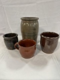 (2) SMALL REDWARE POTS (ONE CRACKED), REDWARE MUG, A.P. DONAGHHO, PARKERSBU