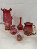 (5) PCS CRANBERRY GLASS INCLUDING PITCHER, MUG, TOOTH PICK, VASE, CRUET