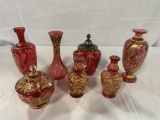 (7) PCS CRANBERRY GLASS JARS AND VASES