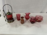 (6) PCS CRANBERRY GLASS PITCHERS, BOWL, GLASS, VASE, PICKLE CASTOR