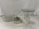 (9) GLASSWARE PCS INCLUDING BOWLS, CAKE STAND, SMALL PLATE, STEMMED GLASS,