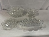 (2) CUT GLASS BOWLS, CELERY DISH, SMALL SERVING PLATE, SOME CHIPS