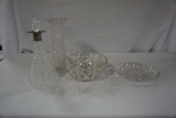 CUT GLASS VASE, DISH AND PRESSED GLASS DECANTER & BOWL
