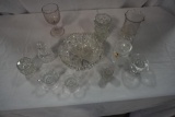 CUT GLASS BOWL AND PERFUME, (8) MISC PIECES OF PRESSED GLASS, SOME CHIPS