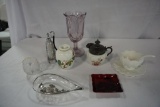(10) MISC GLASSWARE INCLUDING ATOMIZER, CUP, CREAM & SUGAR, VASE, SMALL TRA