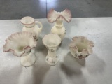 (5) PCS. HAND-PAINTED FENTON, INCLUDING PITCHER, BASES, FLUTED BOWLS, ALL A