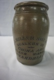 SMALL 1/2-GALLON STONEWARE CROCK, E. J. MILLER SON & CO., DEALERS IN CHINA